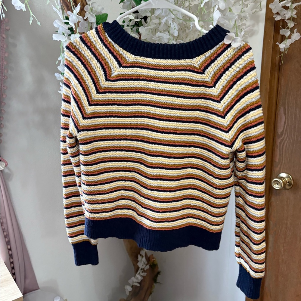 Madewell Arden V-Neck Striped Sweater - Navy, Cream, Brown - 100% Cotton - Picture 5 of 7